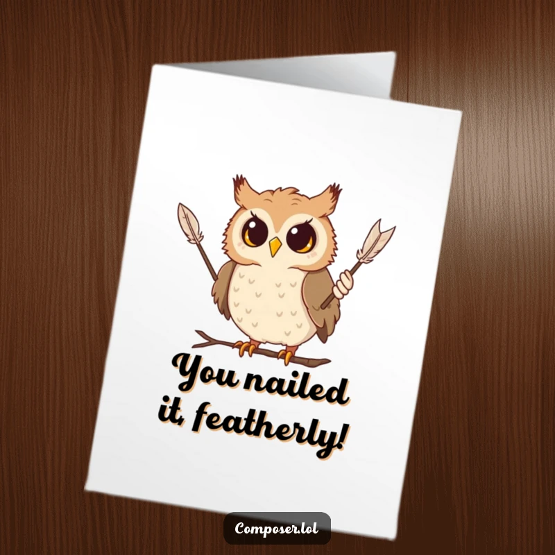 Funny Free Printable Congratulations Card: Curious owl conductor dramatically waves feather baton, celebrating an achievement.