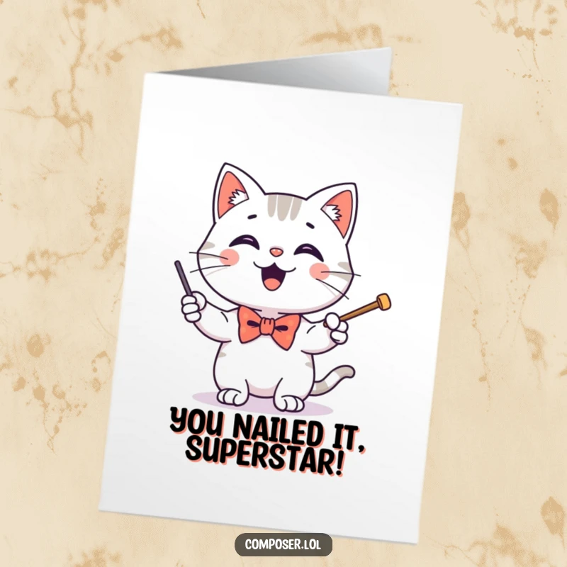 Funny Free Printable Congratulations Card: A dapper cat in a bow tie conducts musically, celebrating a grand success.