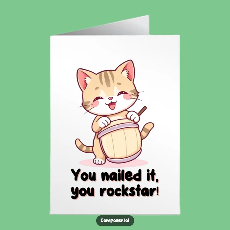 Free Printable Funny Congrats Card: Bouncing Kitty Drummer for Your Big Win!