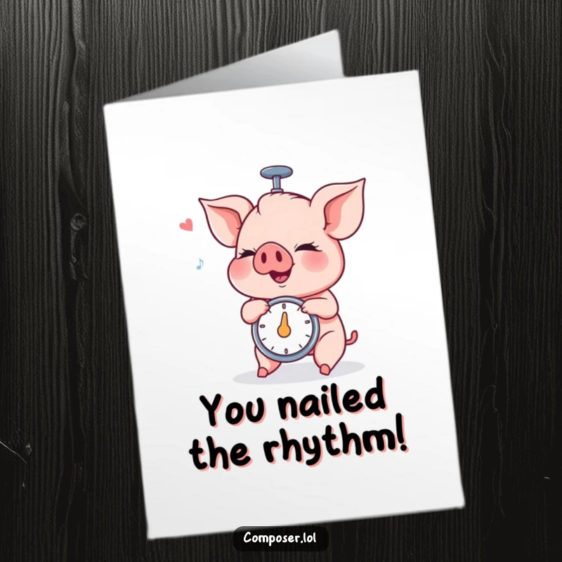 Funny Free Printable Congratulations Card shows a piglet focused on spinning a metronome, perfect for celebrating any achievement with musical humor.