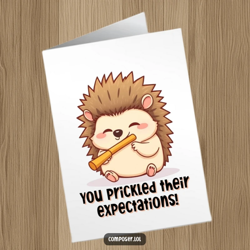 Funny Free Printable Congratulations Card: Giggling hedgehog blows a miniature flute with delight, celebrating an achievement.
