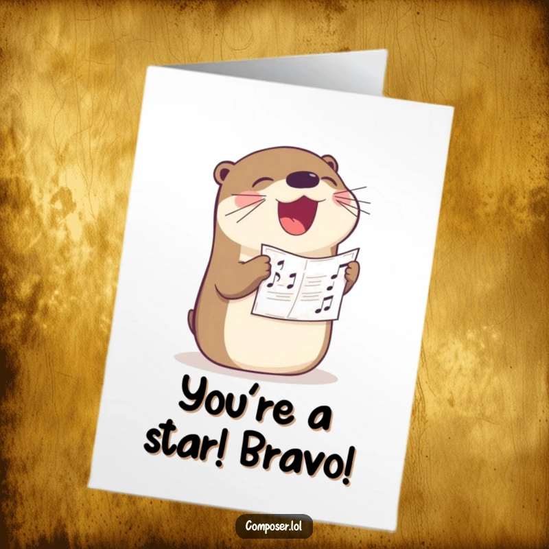 Funny Free Printable Congrats Card: A beaming otter with sheet music in its beak, joyfully singing out congratulations.