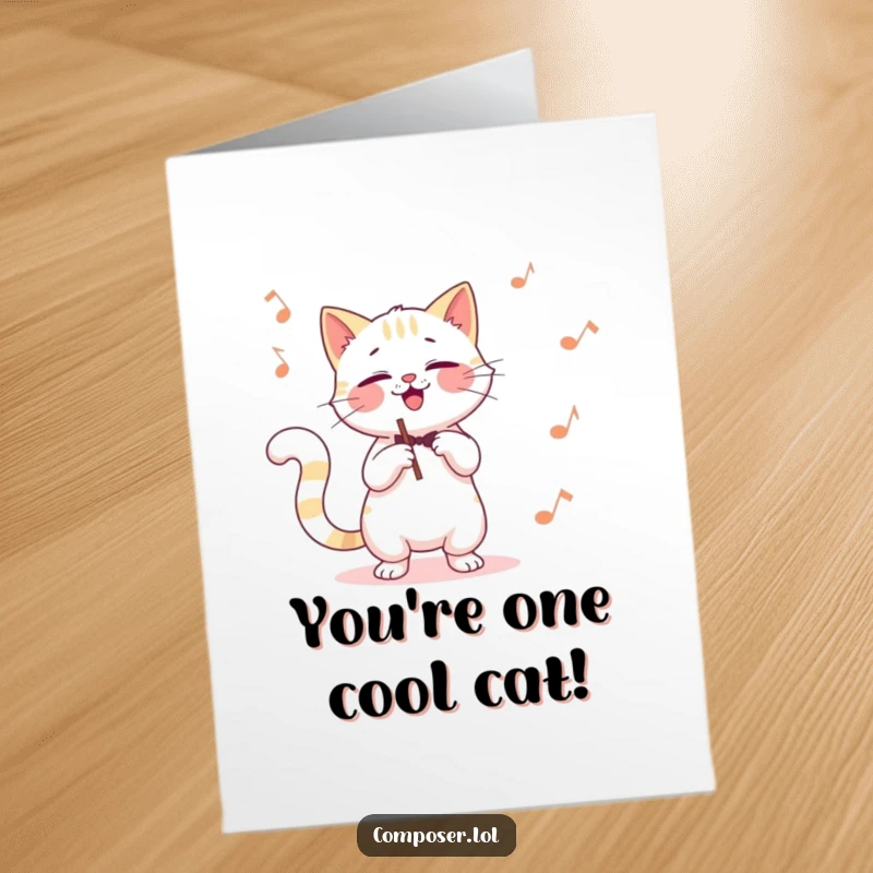 Funny Free Printable cat composer conducting an imaginary orchestra with its tail, celebrating a fantastic achievement.