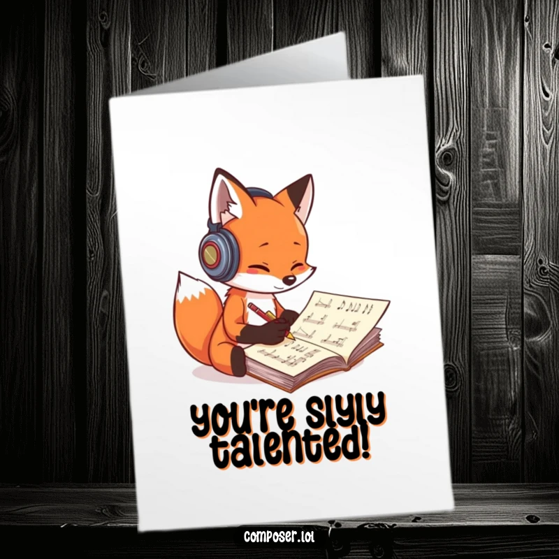 Funny Free Printable fox composer wearing headphones, intensely scribbling musical notes on a manuscript, celebrating a breakthrough.