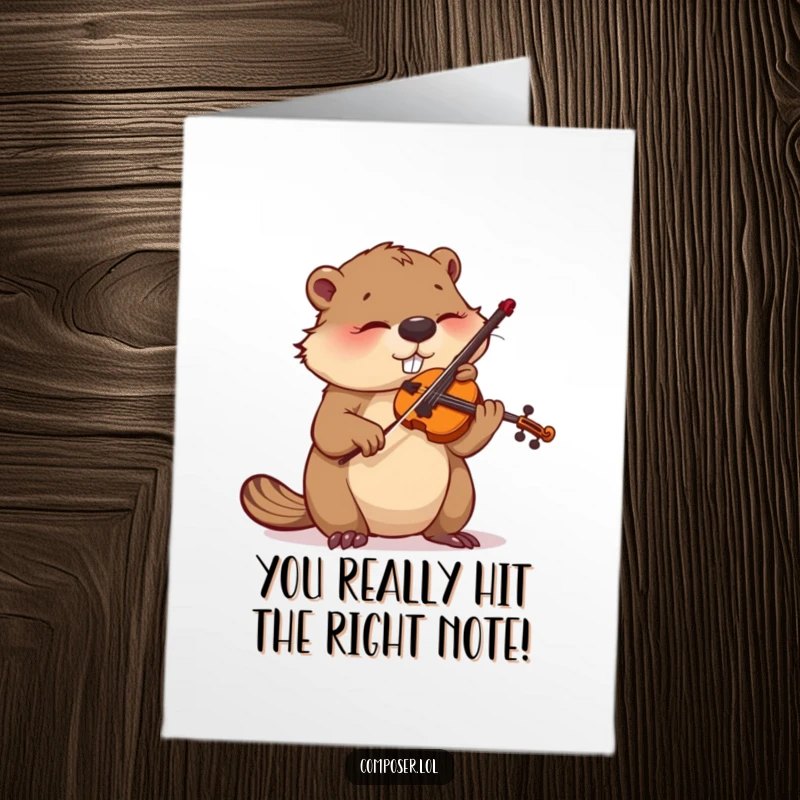 Funny Free Printable Congratulations Card: A beaver intently focuses on meticulously tuning a tiny violin.