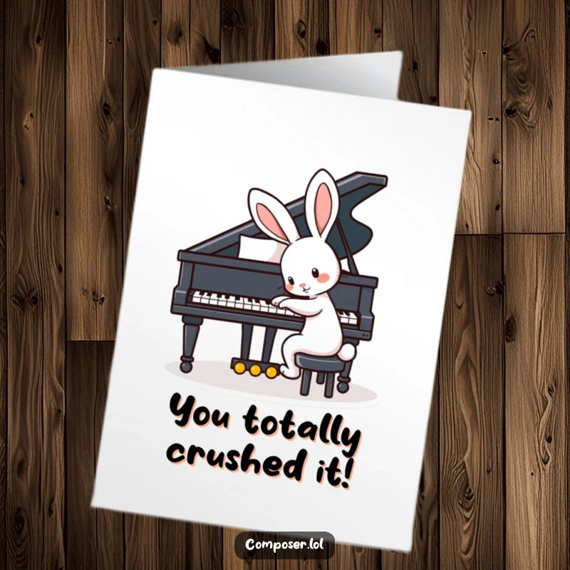 Funny Free Printable Congratulations Card: A cheerful rabbit plays a grand piano, symbolizing a harmonious achievement.