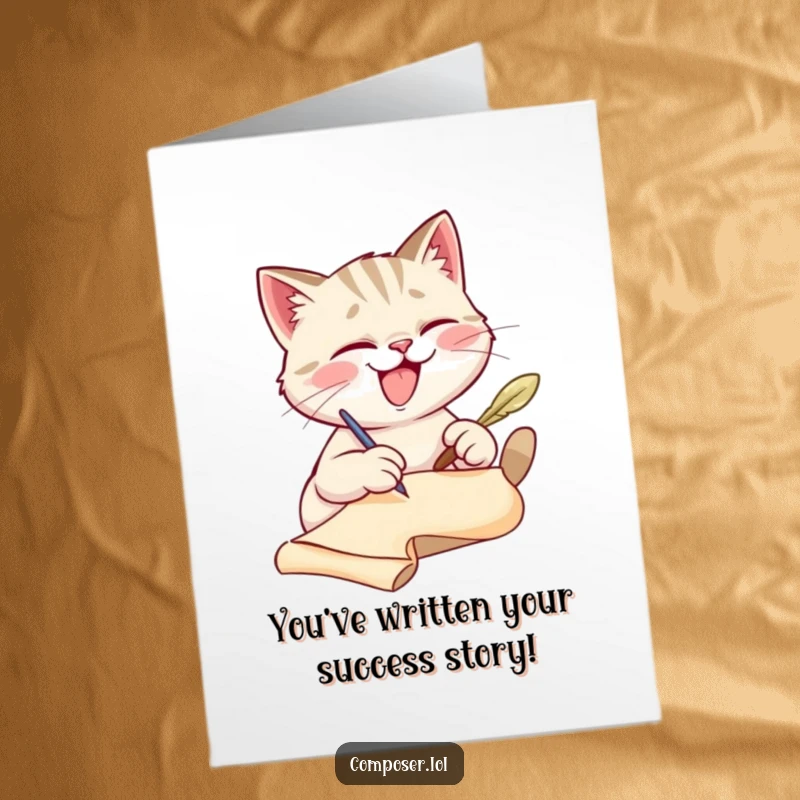 Funny Free Printable congratulations card featuring a giggling cat furiously writing on a scroll with a quill pen.