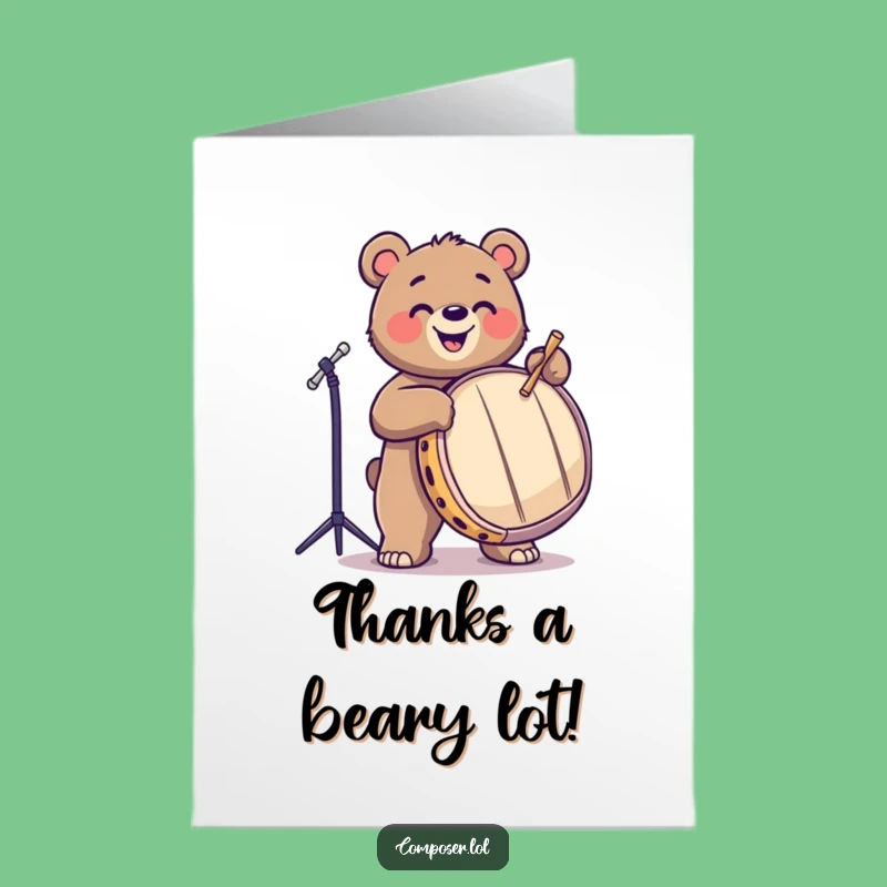 Free Printable Bear Thank You Card: Humorous Drummer Downloadable Gift for Gratitude