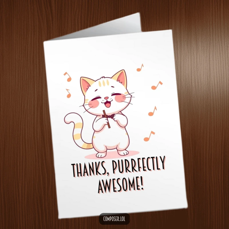 Funny Free Printable cat composer conducting with its tail, a mischievous giggle as it expresses thanks musically.