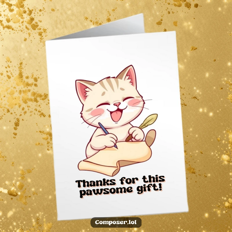 Funny Free Printable thank you card of a giggling cat using a quill pen to write a message on a scroll.