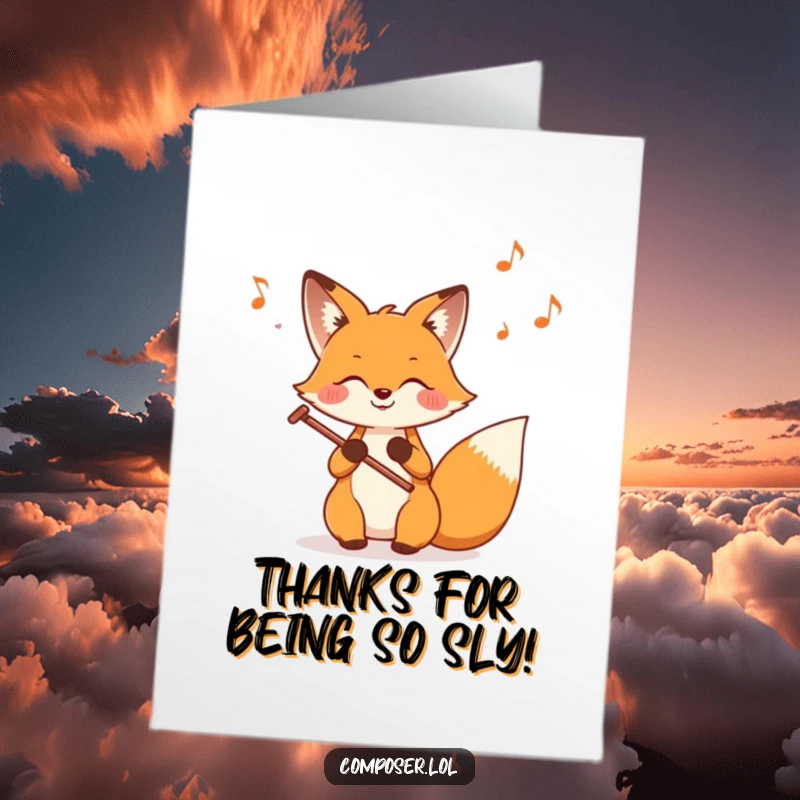 Funny Free Printable Thank You Card: A smiling fox composing music, with notes swirling expressively to say thank you.