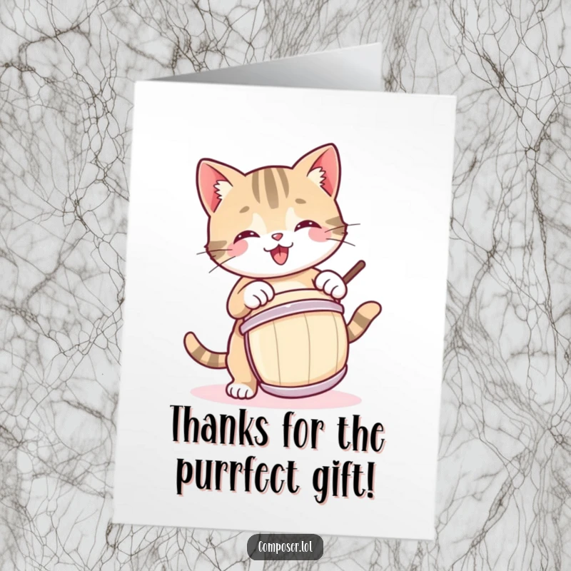 Funny Free Printable Thank You Card: A kitty drummer taps a drum with a thankful bounce and happy expression.