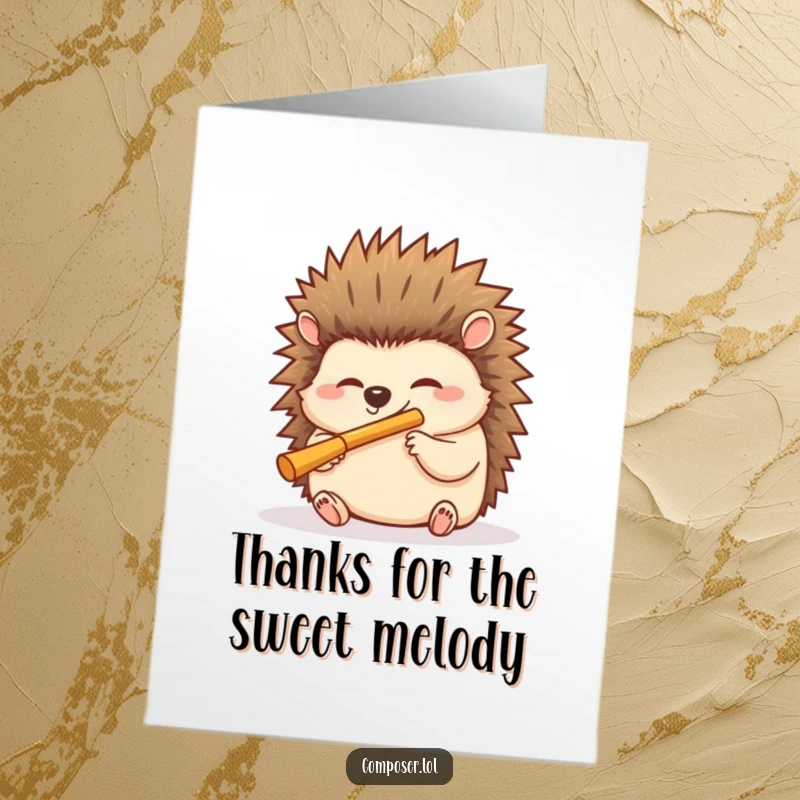 Funny Free Printable Thank You Card: Giggling hedgehog blows a miniature flute with delight, expressing thanks.