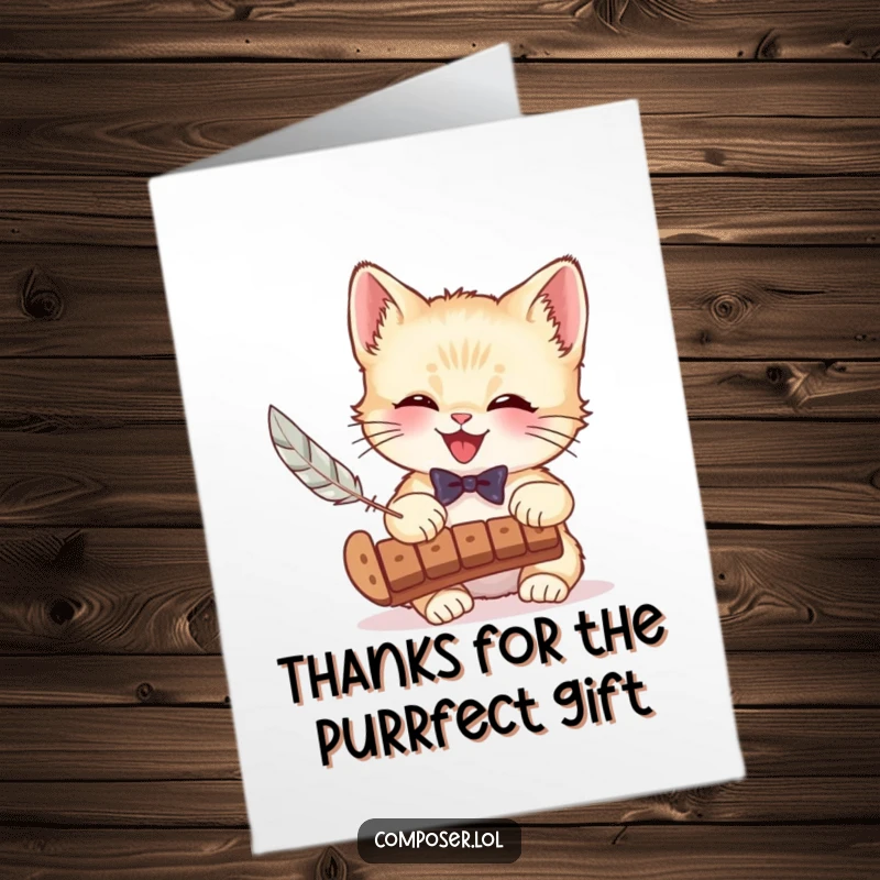 Funny Free Printable Thank You Card: A giggling kitten in a tiny bow tie plays a xylophone with a feather, expressing thanks humorously.
