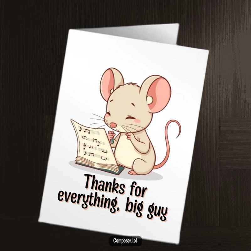 Funny free printable thank you card of a curious mouse composer, eyes focused, thoughtfully studying a complex musical score.