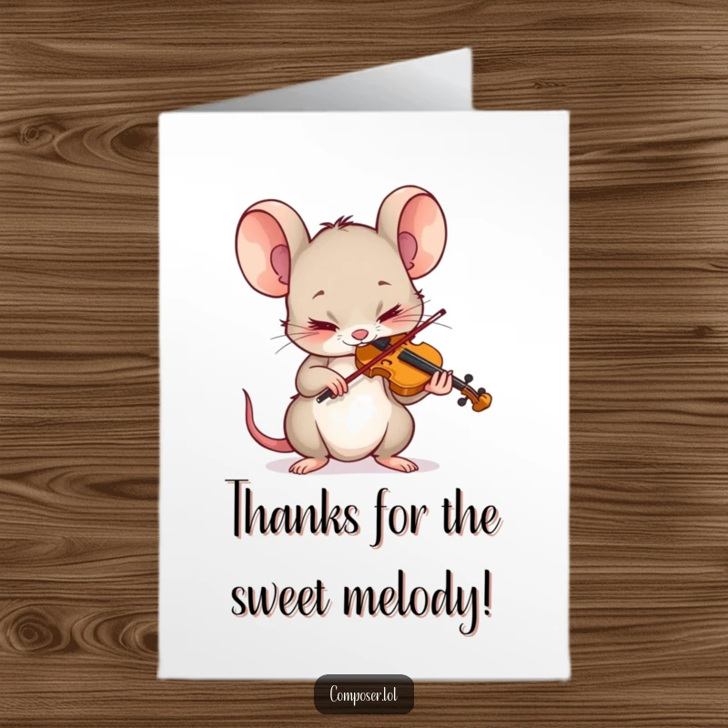 Funny Free Printable Thank You Card: Tiny mouse with intense concentration plays a tiny violin, expressing sincere gratitude.