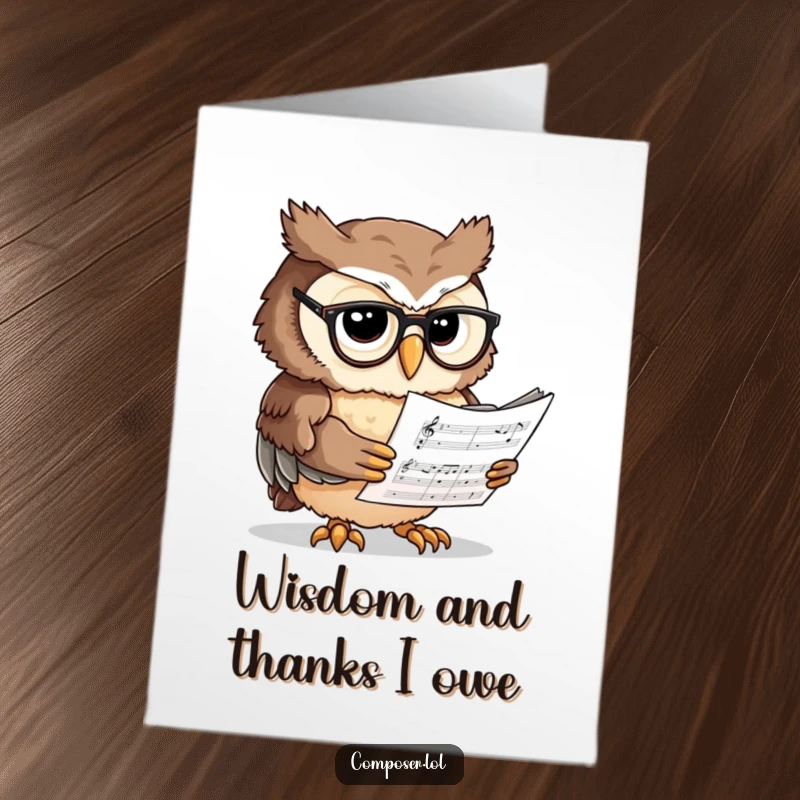 Funny Free Printable Thank You Card: A focused owl wearing glasses, meticulously reading sheet music with gratitude.