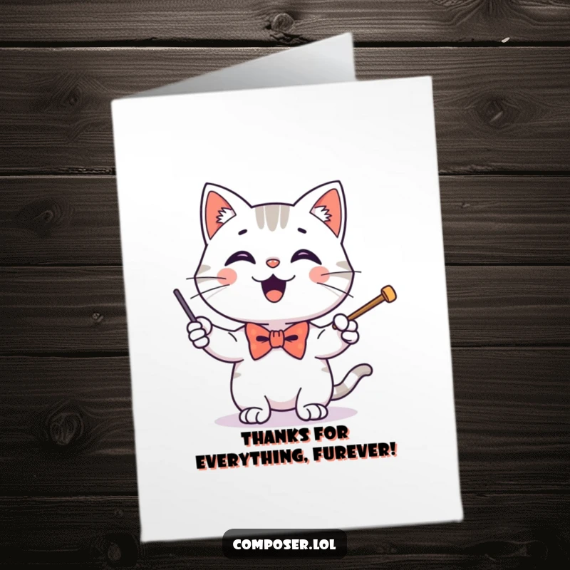 Funny Free Printable Thank You Card: A happy cat in a bow tie conducts with a baton, expressing gratitude melodically.