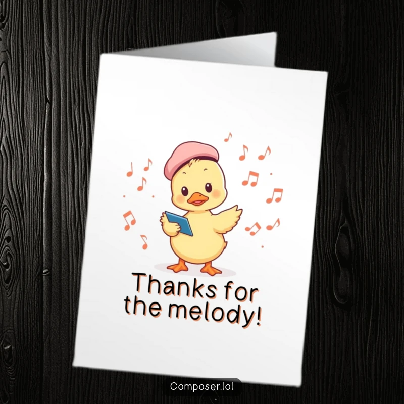 Funny Free Printable Thank You Card: A duckling in a beret leads a choir of musical notes, conveying heartfelt thanks.