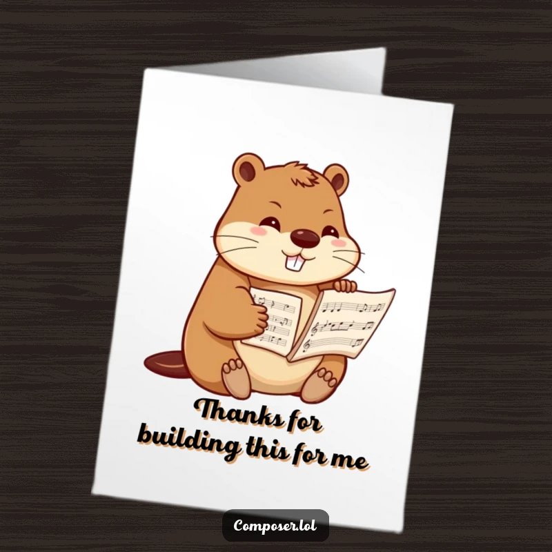 Funny Free Printable Thank You Card: Focused beaver meticulously arranging sheet music, conveying thanks with artistic dedication and humor.