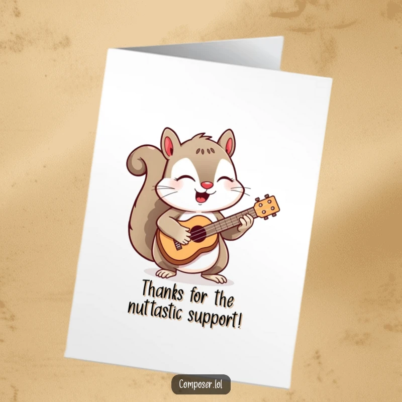 Funny Free Printable Thank You Card: A squirrel with closed eyes joyfully strumming a small ukulele.