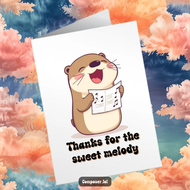 Funny Free Printable Thank You Card: A happy otter holding sheet music in its beak, singing a heartfelt thank you loudly.