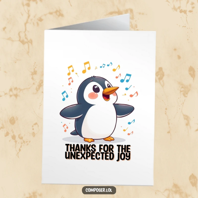 Funny Free Printable Thank You Card: A penguin looking genuinely surprised by an eruption of chaotic sound, conveying thanks.