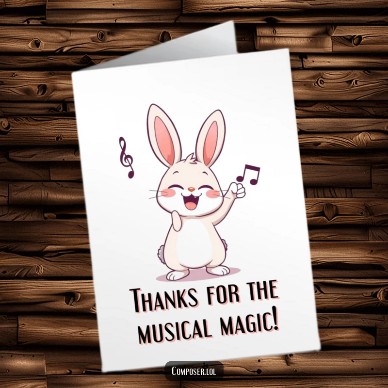 Funny Free Printable Thank You Card: A giggling cartoon rabbit excitedly taps musical notes, expressing gratitude.