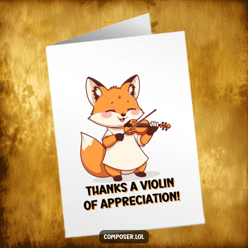 Funny Free Printable Thank You Card: A fox artistically playing a violin, conveying gratitude with a musical flourish.