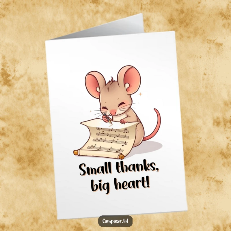 Funny Free Printable Thank You Card: A focused mouse meticulously writes musical notes on a scroll, crafting a thank you tune.
