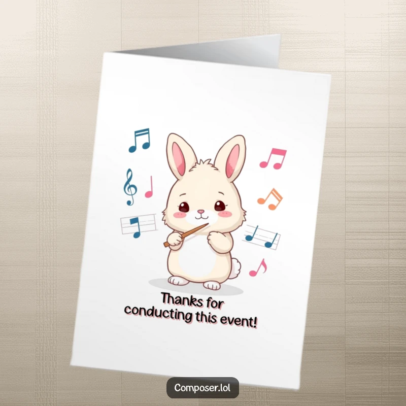 Funny Free Printable thank you card with a fluffy bunny conductor, baton in paw, creating a musical thank you.