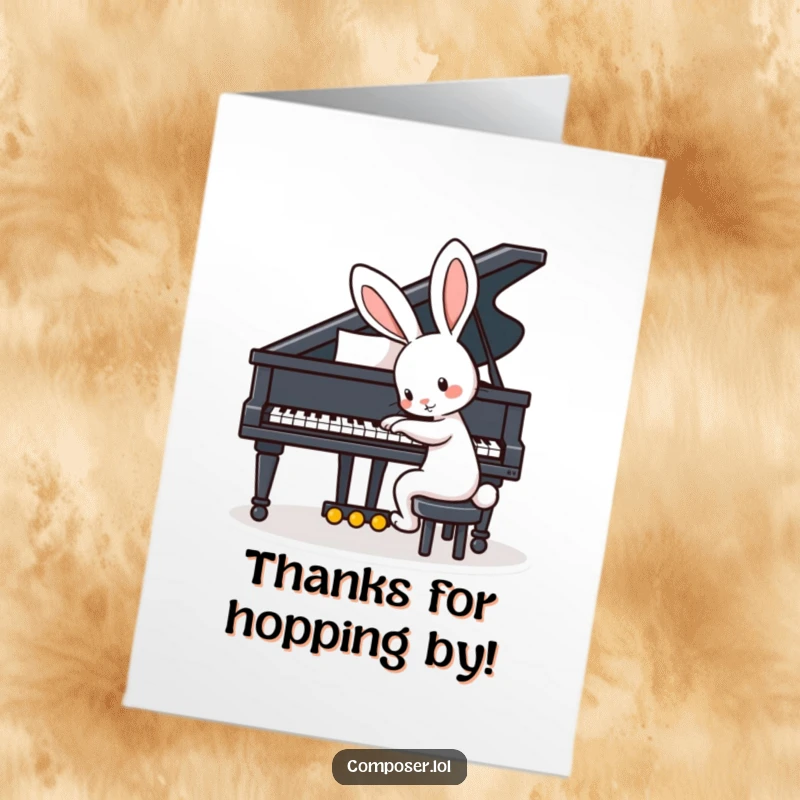 Funny Free Printable Thank You Card: A playful rabbit with big ears taps a grand piano, composing a thank you.