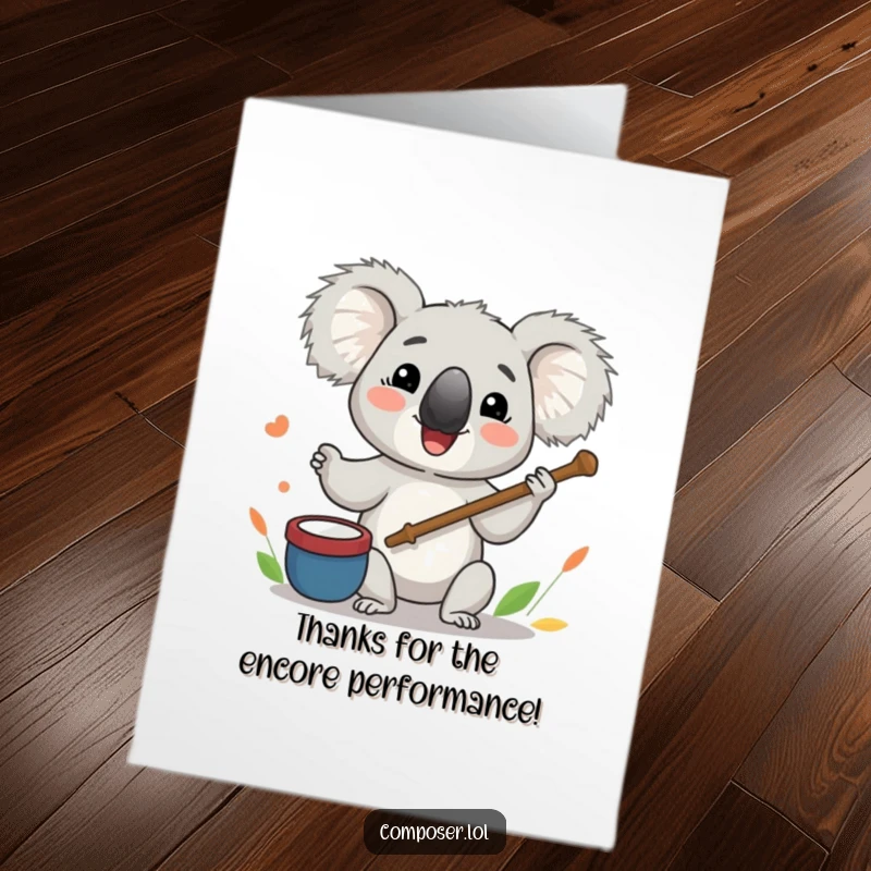 Funny Free Printable Thank You Card: Koala conductor enthusiastically leads an orchestra, expressing sincere gratitude with a smile.