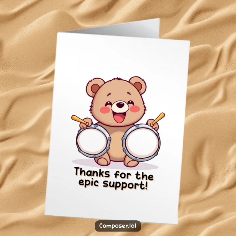 Funny Free Printable Thank You Card: A bear cub making a joyful racket on cymbals, expressing heartfelt thanks.