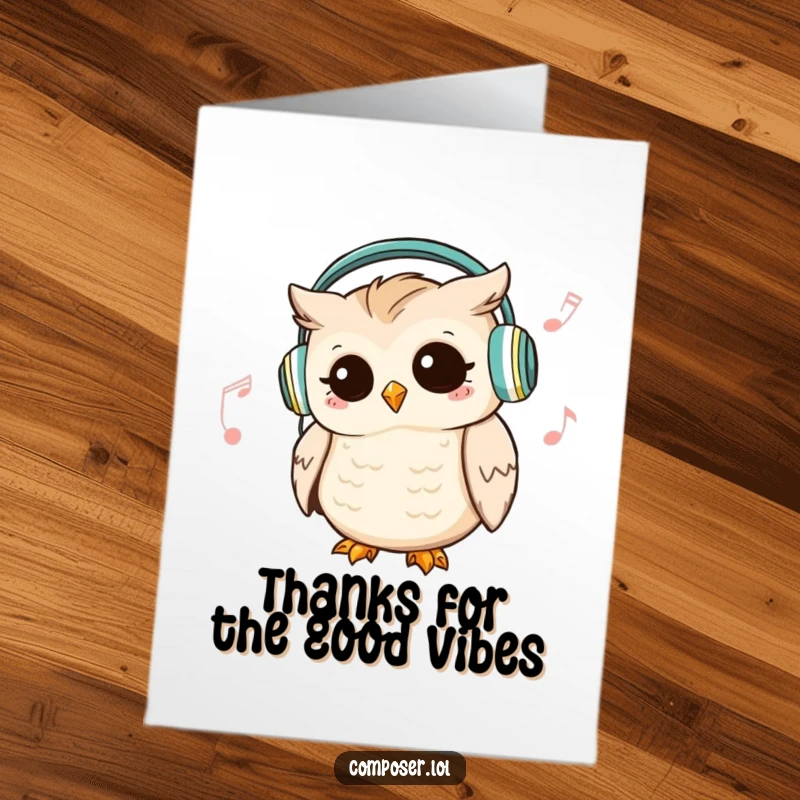 Funny Free Printable Thank You Card shows a hip owl in headphones, nodding to a beat, expressing musical thanks.