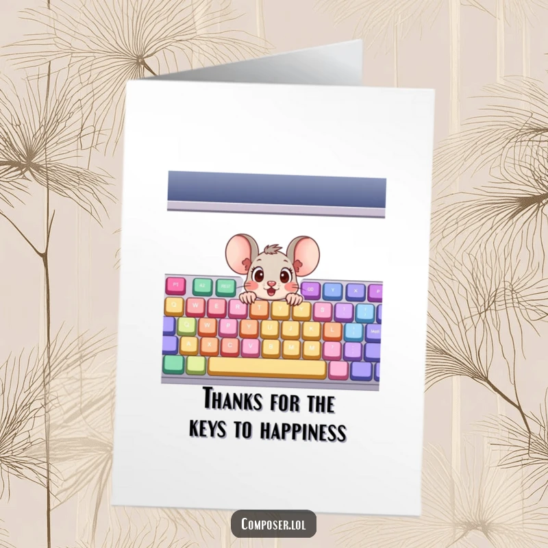 Funny Free Printable Thank You Card: Surprised cartoon mouse peeking from a colorful keyboard, a sweet downloadable thank you.