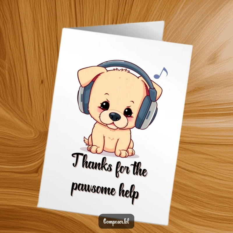Funny Free Printable Thank You Card: A curious puppy with headphones bops its head, enjoying music, a thankful vibe.