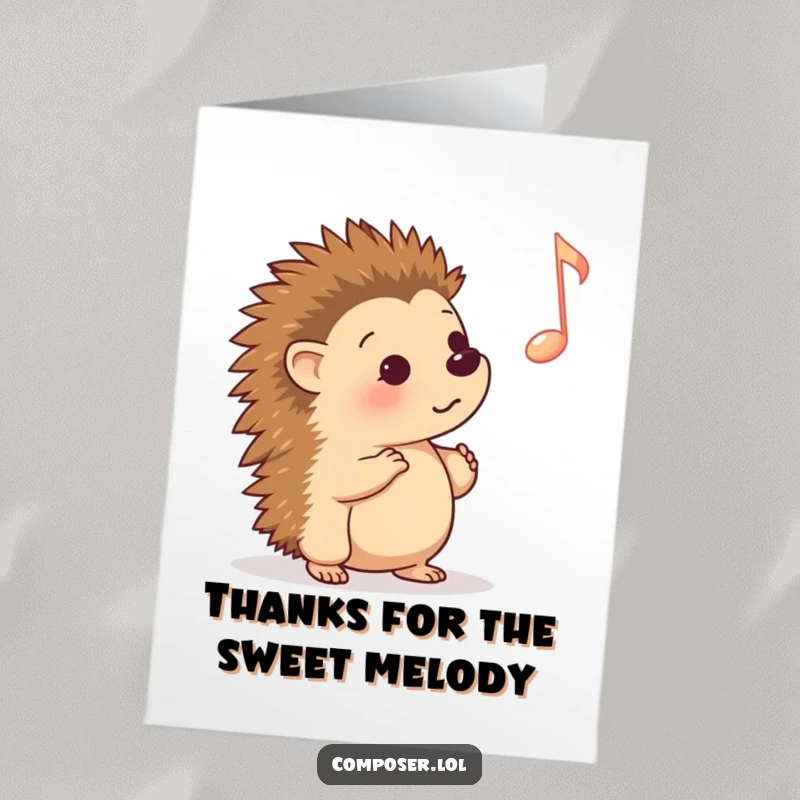 Funny Free Printable Thank You Card: Curious cartoon hedgehog intently listening to a musical note, a perfect downloadable token.