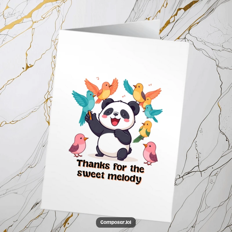 Funny Free Printable Thank You Card: A joyful panda conducts a symphony of colorful birds, expressing heartfelt thanks.