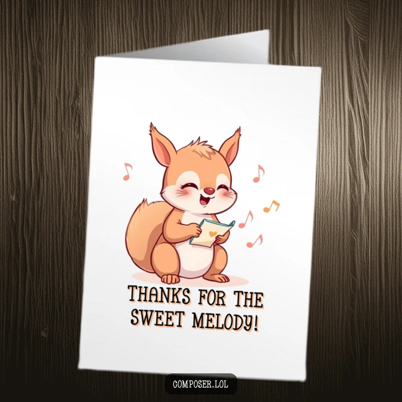 Funny Free Printable Thank You Card: A giggling squirrel writing music notes while humming a happy tune to express thanks.