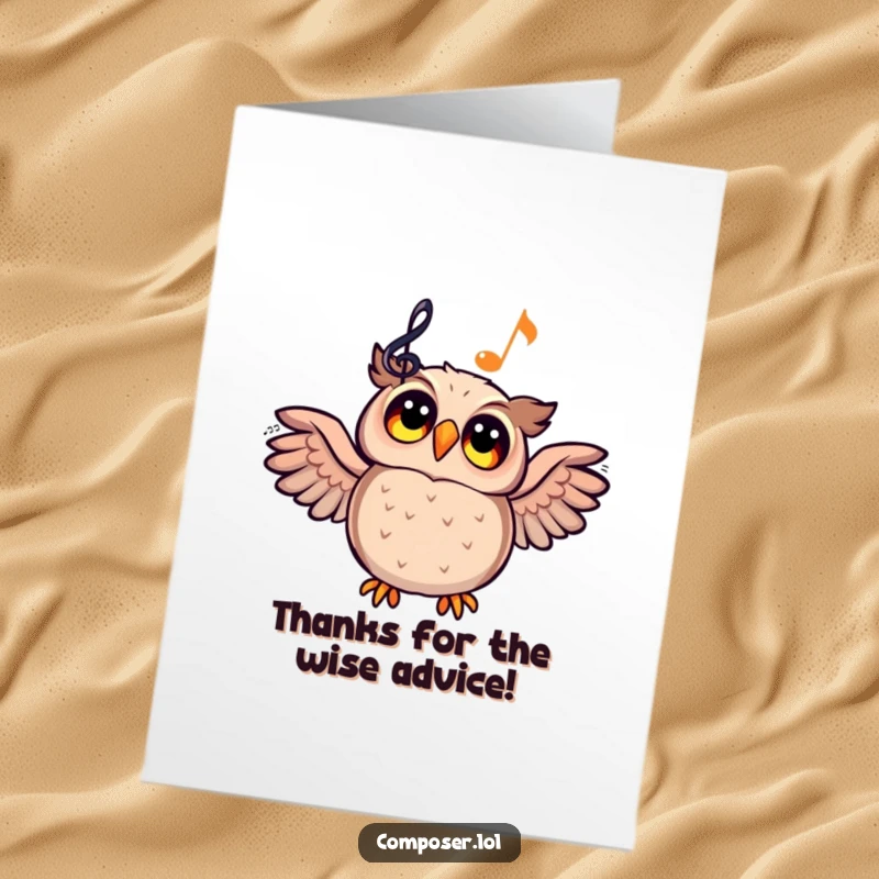 Funny Free Printable Thank You Card: A delighted owl captivated by a glowing musical staff, conveying appreciation.