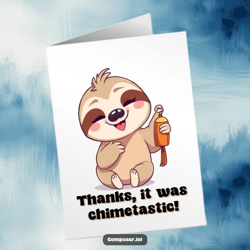Funny Free Printable Thank You Card: Goofy sloth slowly tapping a chime, conveying a mellow thank you.