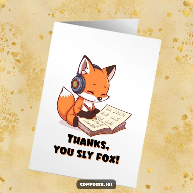 Funny Free Printable fox composer with headphones diligently writing music, conveying thanks through creative notes.