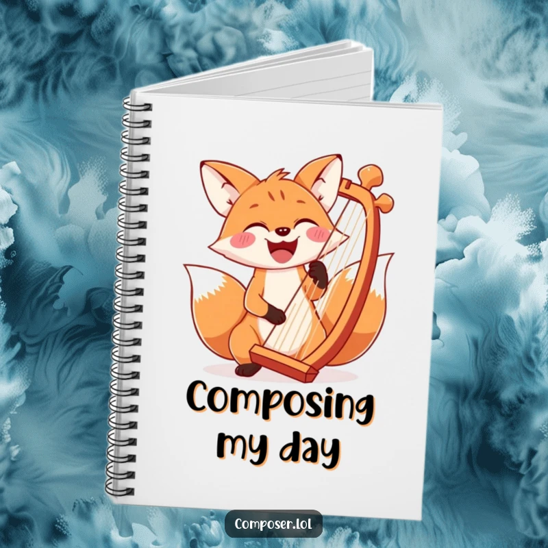 Funny fox with wide smile playing a large harp, cover of a notebook, ideal for music notes.