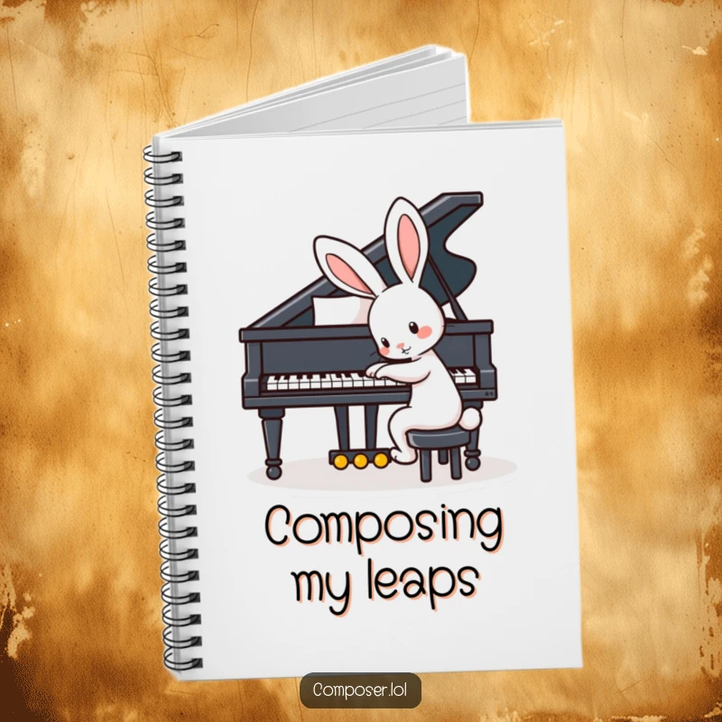 Funny notebook with a playful rabbit with big ears tapping the keys of a grand piano, perfect for capturing creative thoughts.