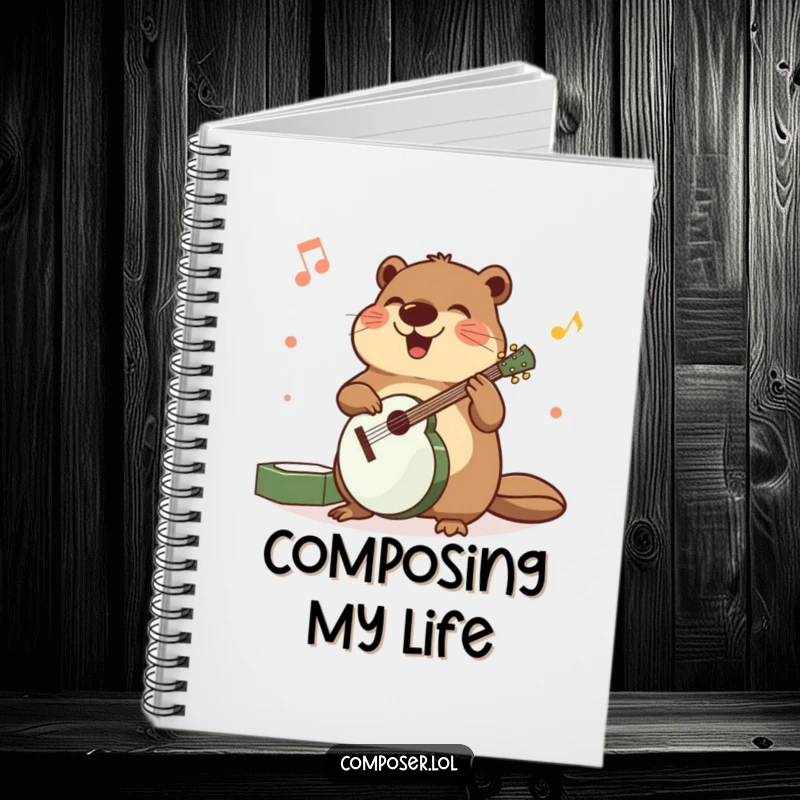 Funny notebook with a beaming beaver meticulously arranging musical instruments with precise, happy movements.