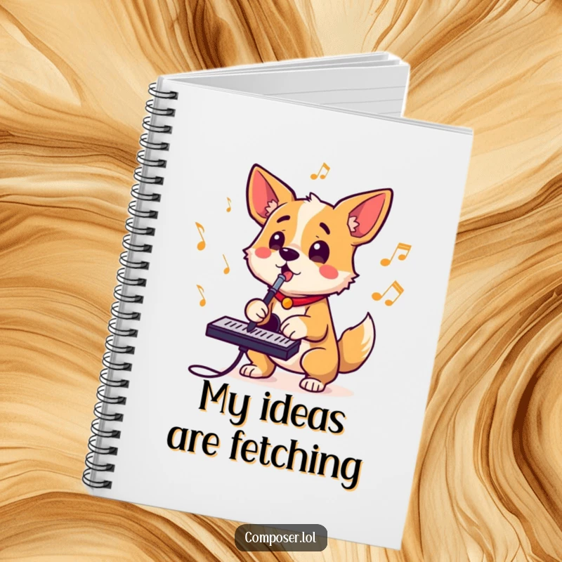 Funny notebook featuring a determined dog composer barking rhythms, tail wagging, eyes bright, perfect for musical notes.