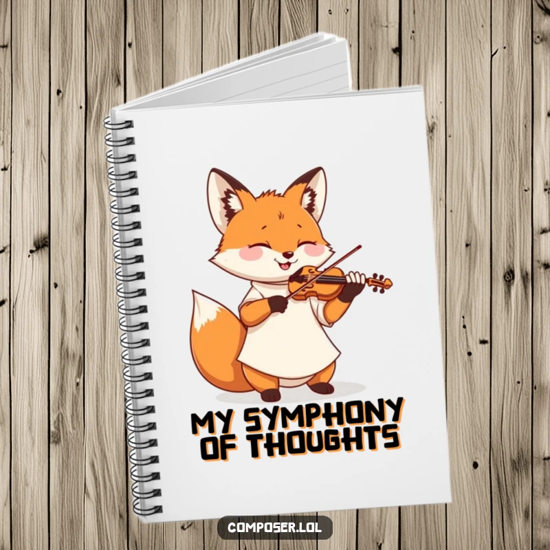 Funny notebook with a fox in a smock playing a miniature violin, ideal for jotting down notes with musical flair.
