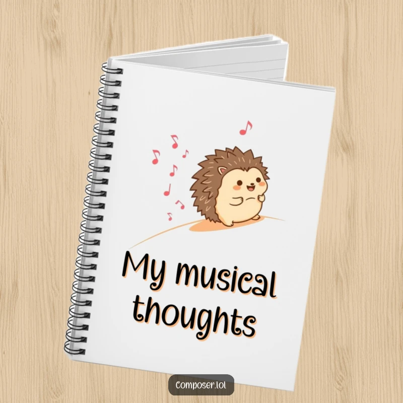 Funny notebook with a happy hedgehog rolling downhill, leaving a trail of smiling musical notes, perfect for capturing thoughts and musical ideas.