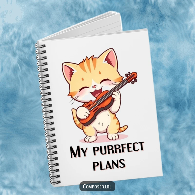 Funny cartoon kitten gleefully playing a tiny violin on a notebook cover, inspiring musical creativity.